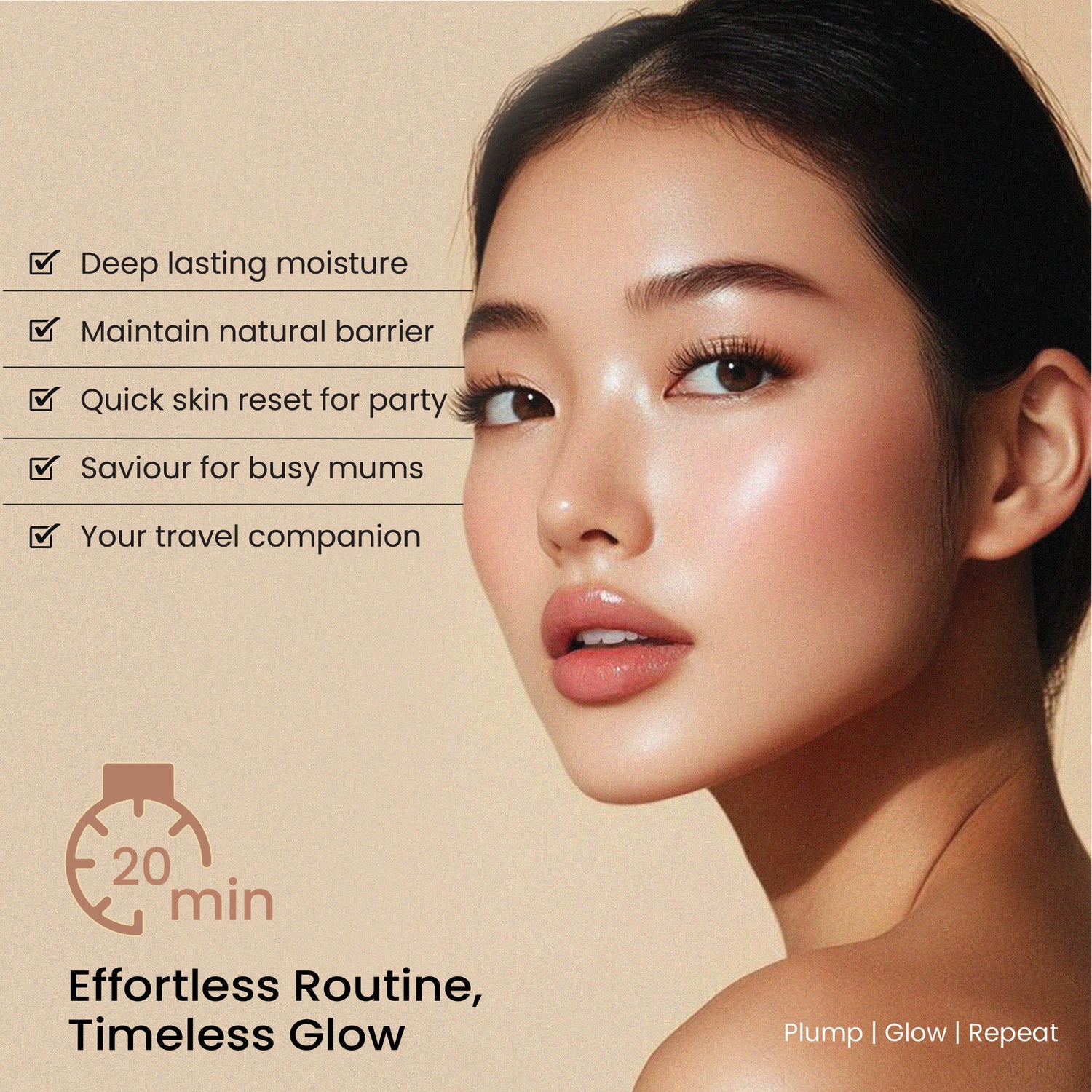 Glayvia skincare routine set showing Woman with glowing skin on a beige background with text about skincare benefits.