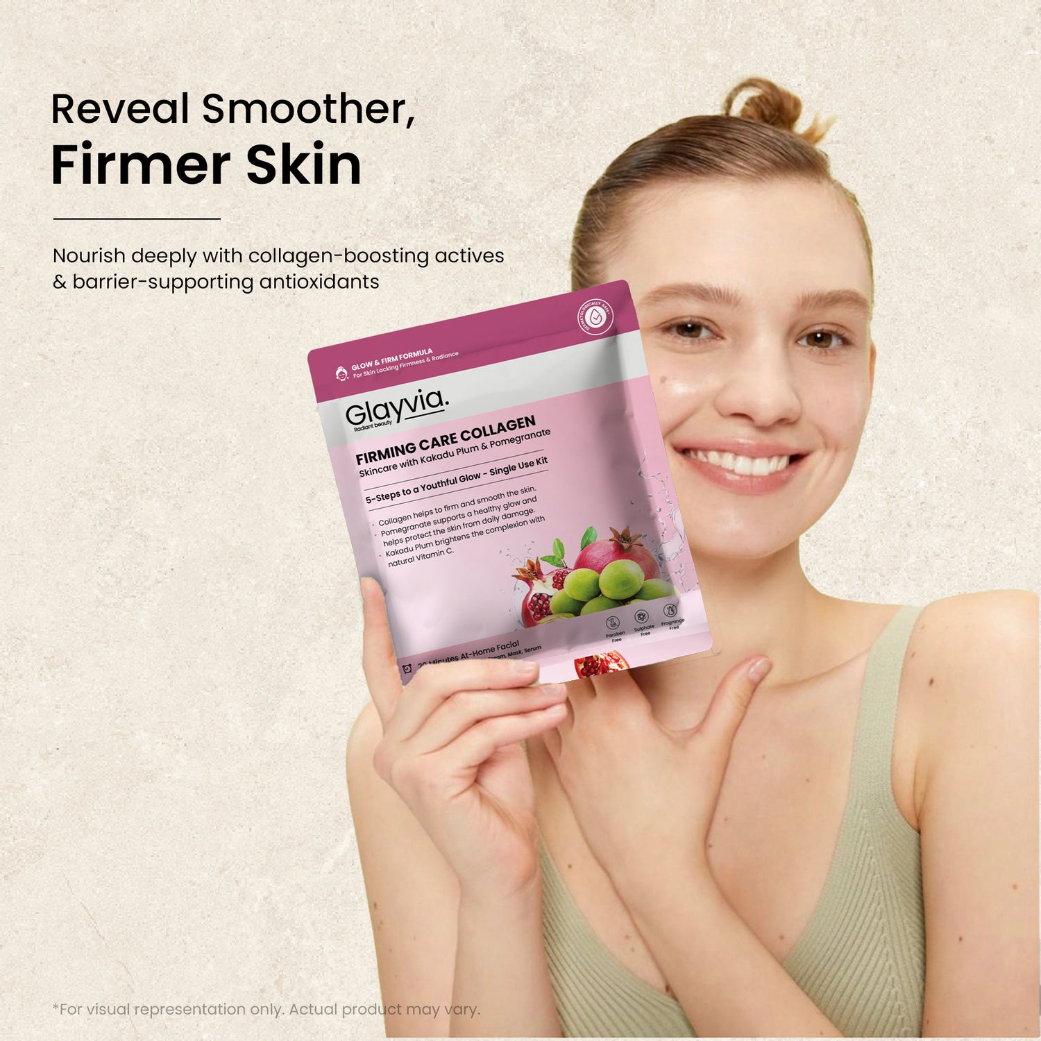 Model holding Glayvia Firming Care Collagen Kit with Kakadu Plum and Pomegranate – skincare for smoother, firmer, glowing skin