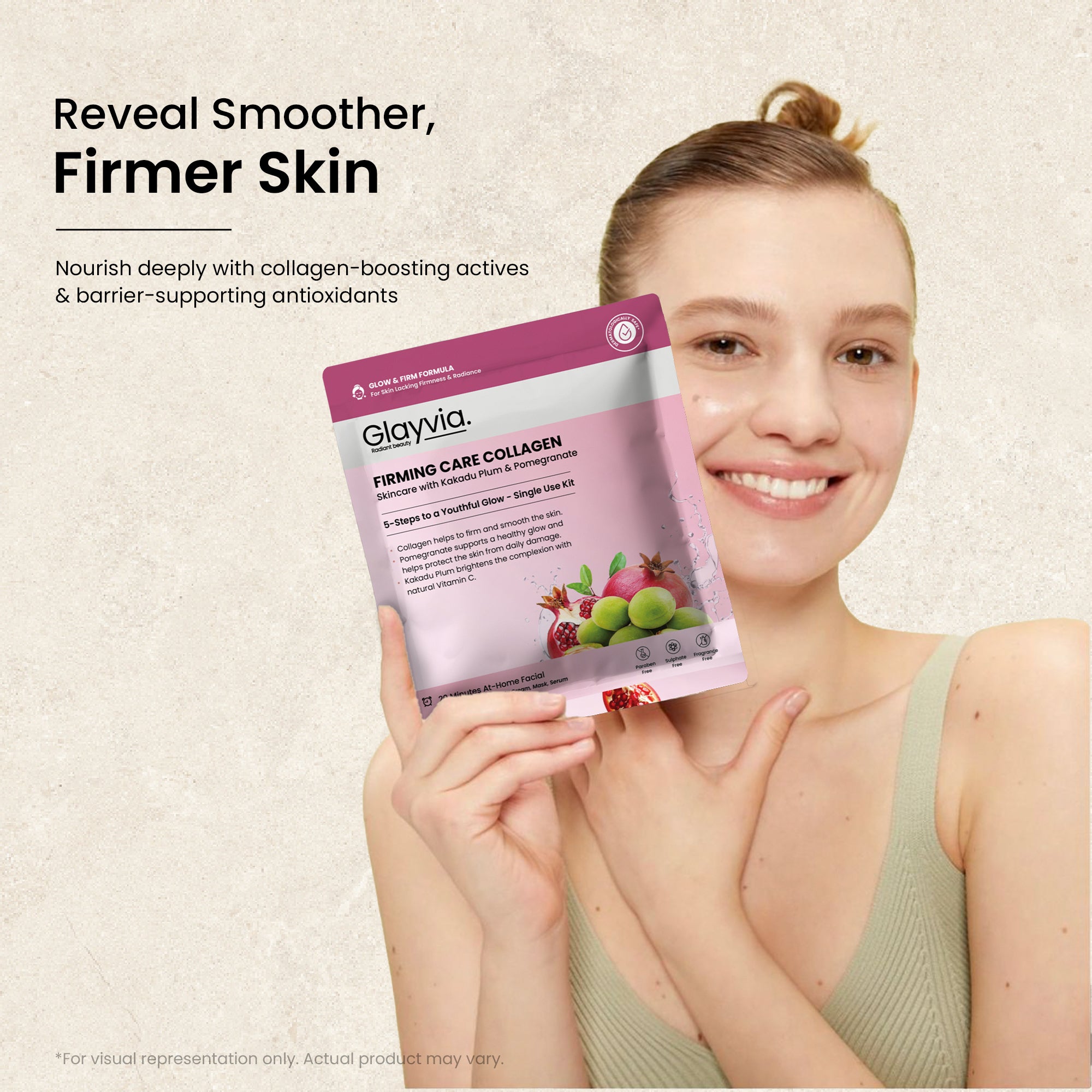 Model holding Glayvia Firming Care Collagen Kit with Kakadu Plum and Pomegranate – skincare for smoother, firmer, glowing skin
