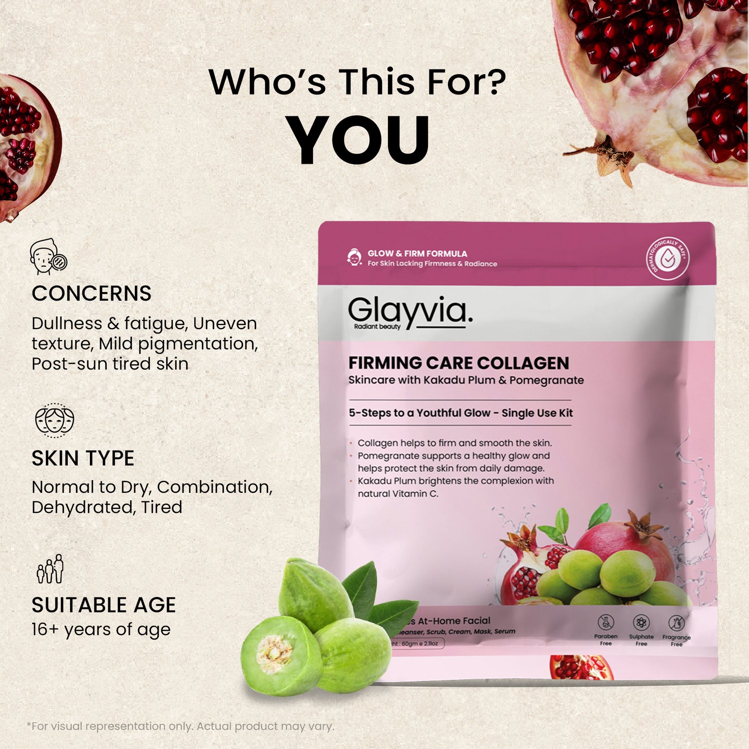 Glayvia Firming Care Collagen Kit boosts firmness, protects from daily damage, quick fix for party-ready skin, and travel-friendly skincare