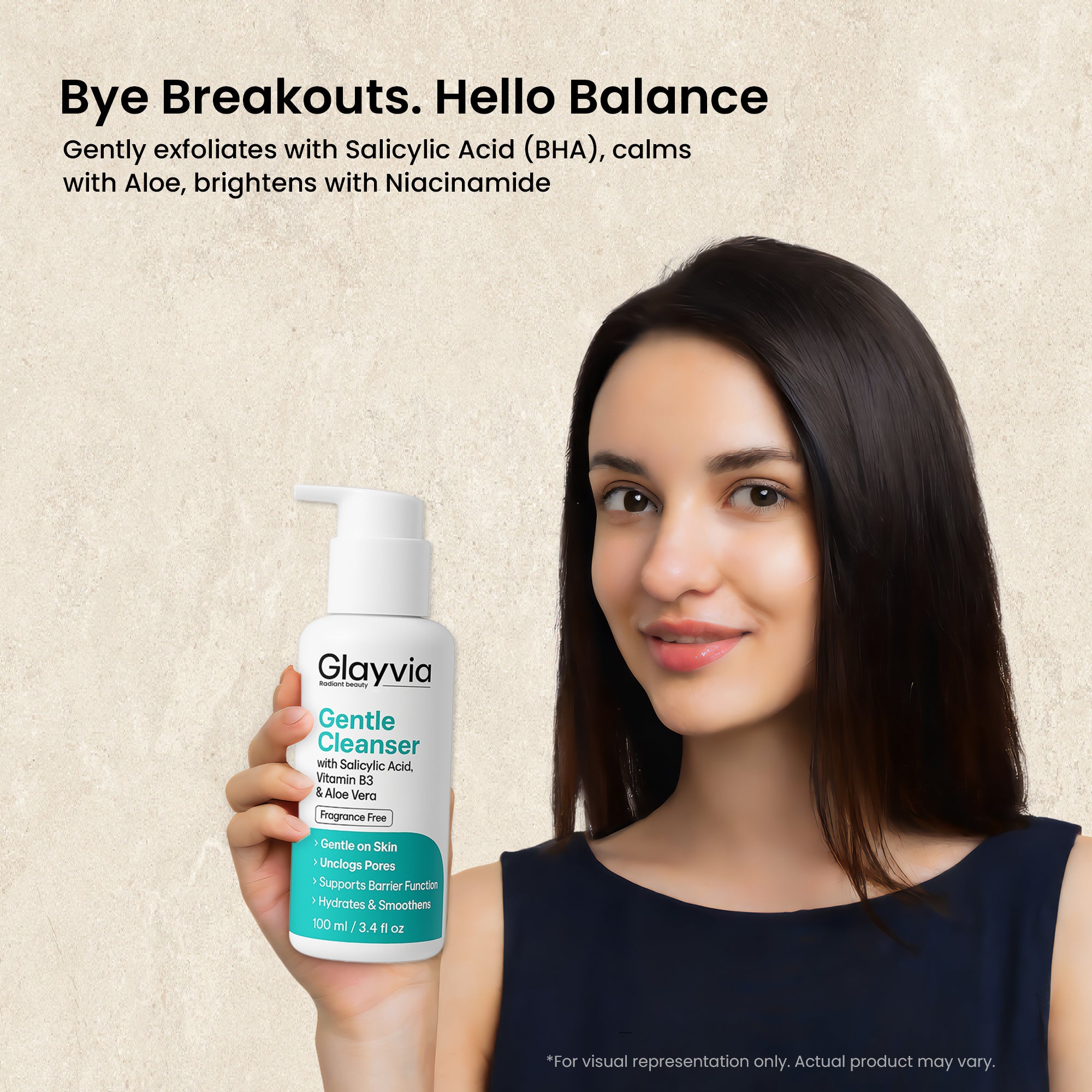 Model holding Glayvia Gentle Cleanser with Salicylic Acid, Aloe Vera and Niacinamide – acne-prone skincare for clear balanced skin