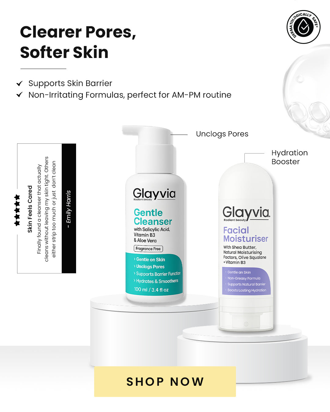 Glayvia Gentle Cleanser with Salicylic Acid (BHA), Aloe Vera, and Niacinamide for pore care, paired with Glayvia Facial Moisturiser with Shea Butter, Olive Squalane, and Natural Moisturising Factors for hydration and barrier support