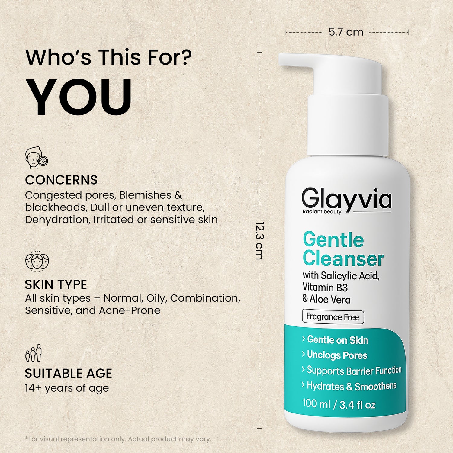 Glayvia Gentle Cleanser suitable for all skin types including oily, sensitive and acne-prone skin – addresses congestion, blemishes and uneven texture