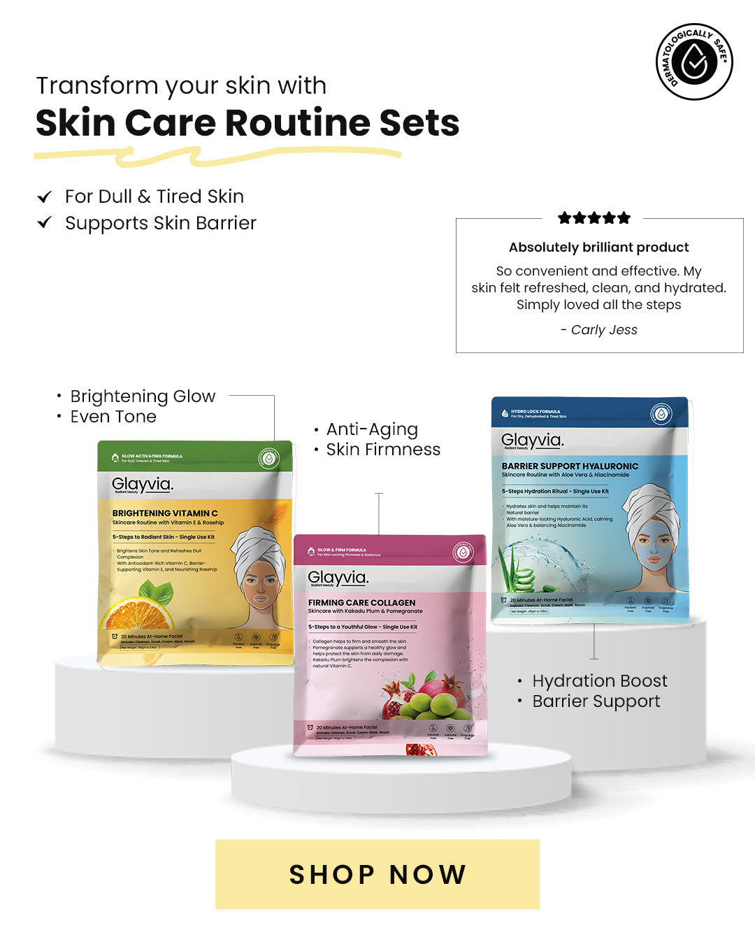 Glayvia 5-step skincare routine facial kits – Vitamin C for brightening, Collagen for firming, and Hyaluronic for hydration and skin barrier support