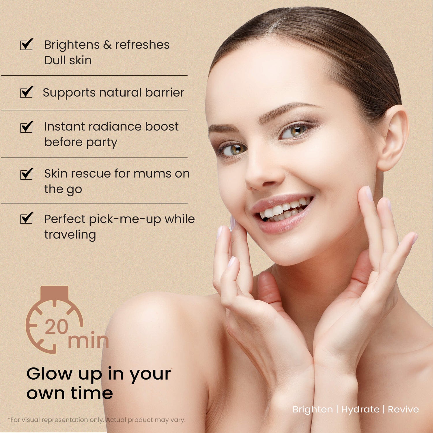 Woman with glowing skin and text highlighting glayvia vitamin c skincare benefits on a beige background