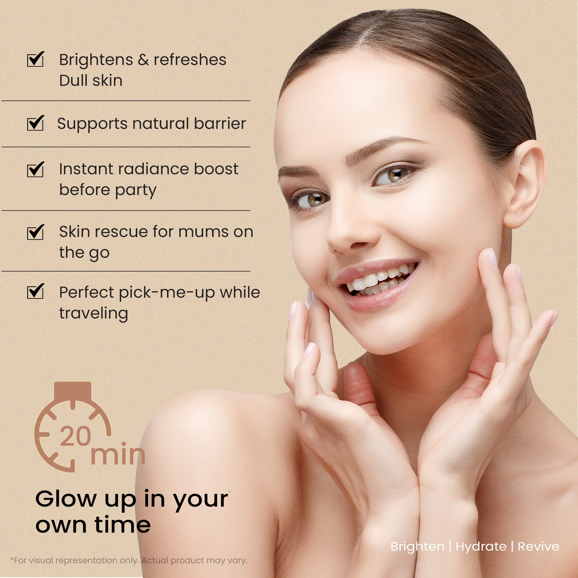 Woman with glowing skin and text highlighting glayvia vitamin c skincare benefits on a beige background