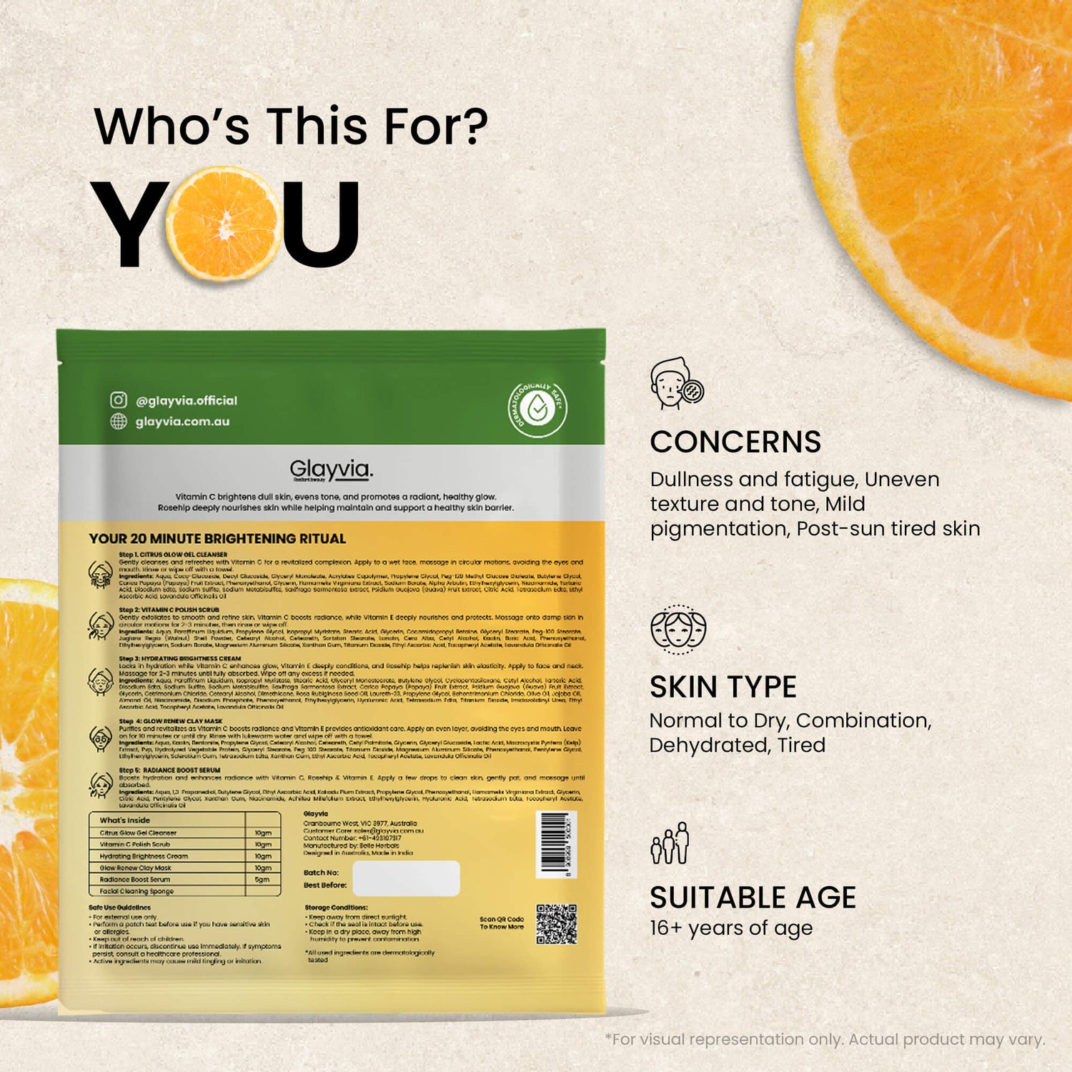 glayvia vitamin c skincare benefitsProduct packaging with text and images of oranges on a light background