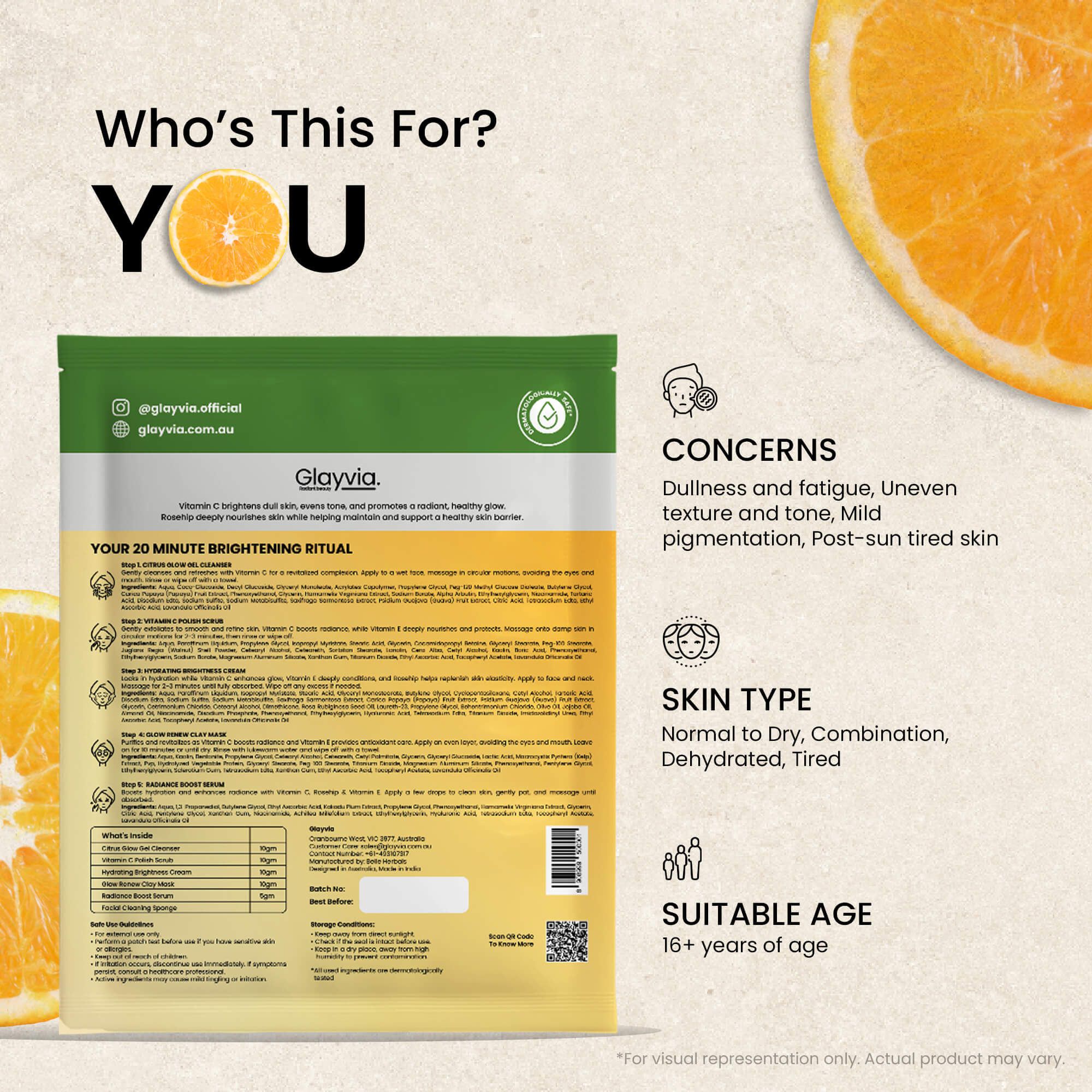 glayvia vitamin c skincare benefitsProduct packaging with text and images of oranges on a light background