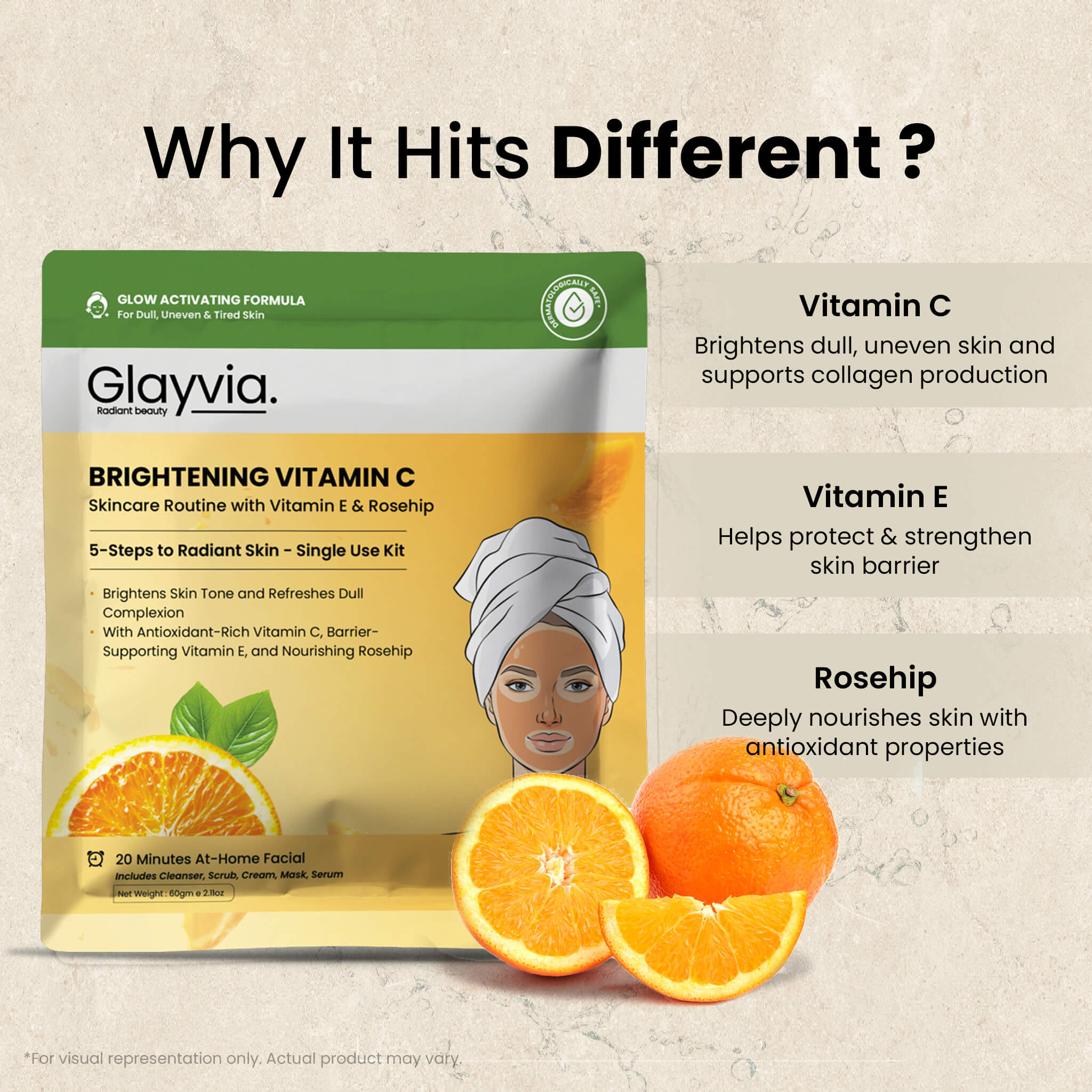 Glayvia skincare kit with vitamin C, E, and rosehip ingredients on a beige background