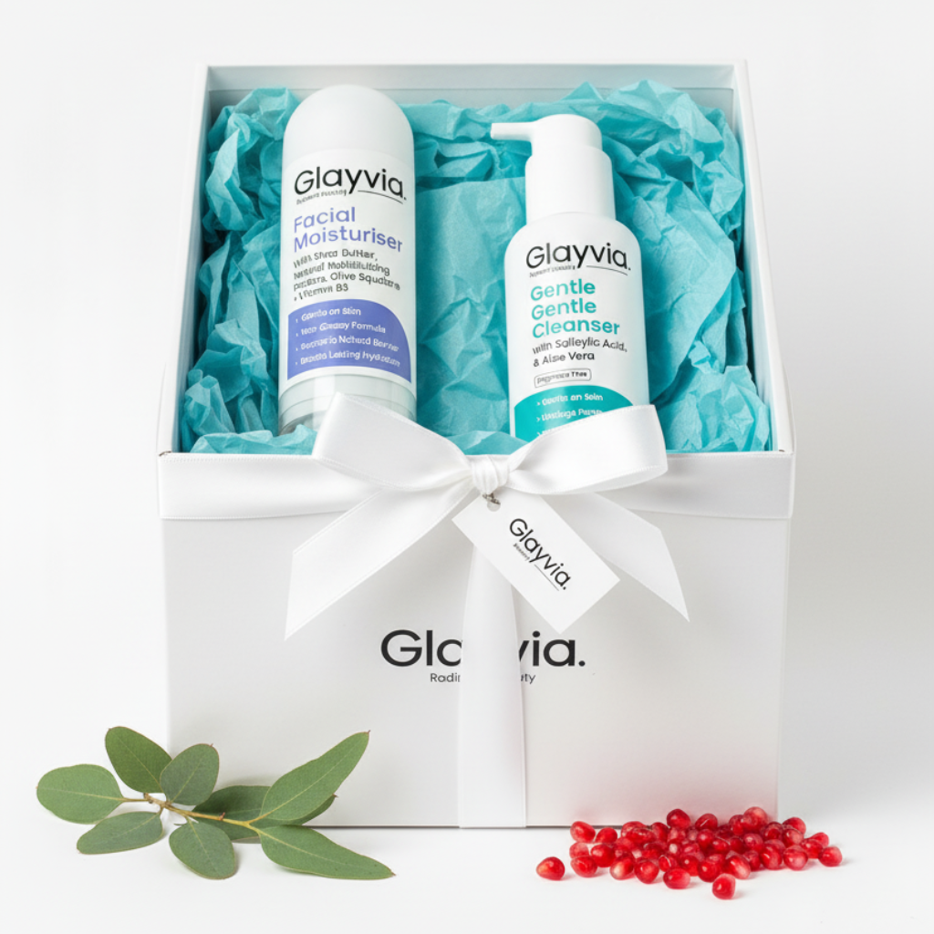 Glayvis skincare product set with bottles and a box on a white background
