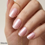 Studio closeup of Glayvia NG200186 pearl blush semi cured gel nail wraps with glossy pink pearl manicure and delicate jewelry