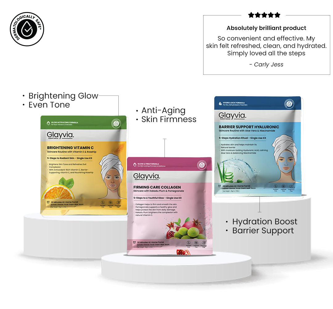 Glayvia salon quality facial kits with product benefits and customer review on a white background