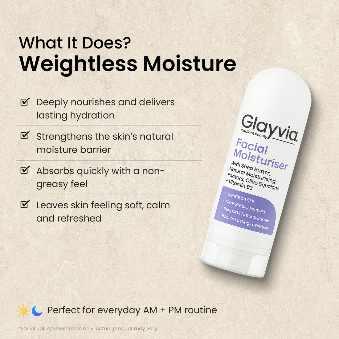 Fast absorbing, weightless facial non greasy moisturiser for AM and PM routine