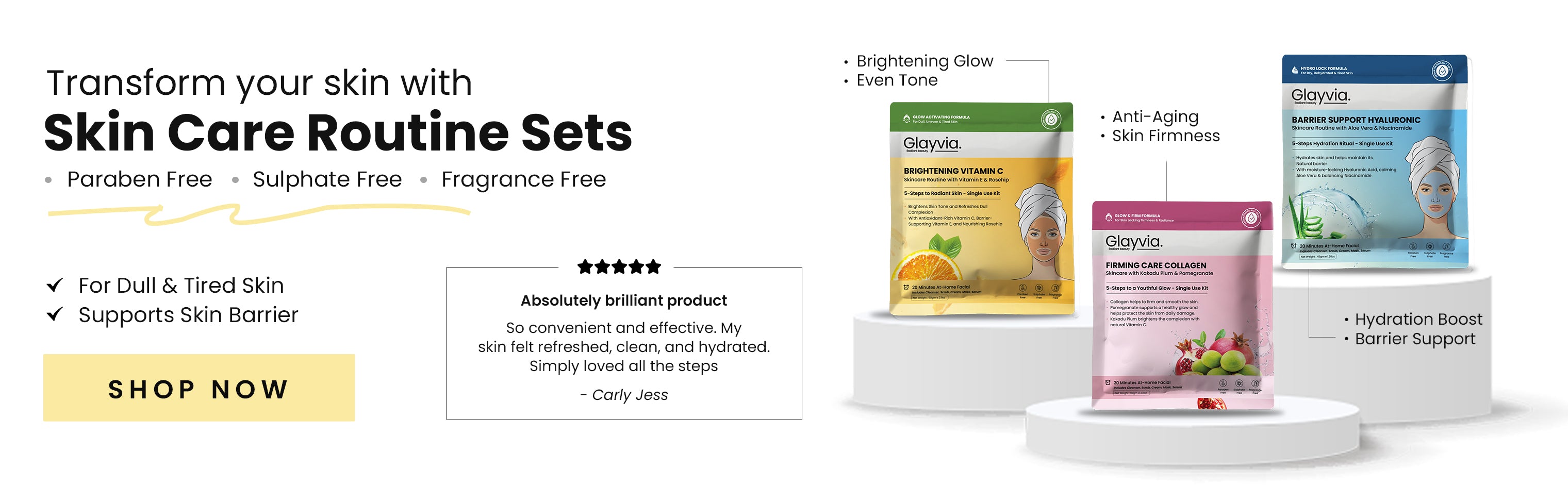 Skin care routine sets with product packaging on a white background