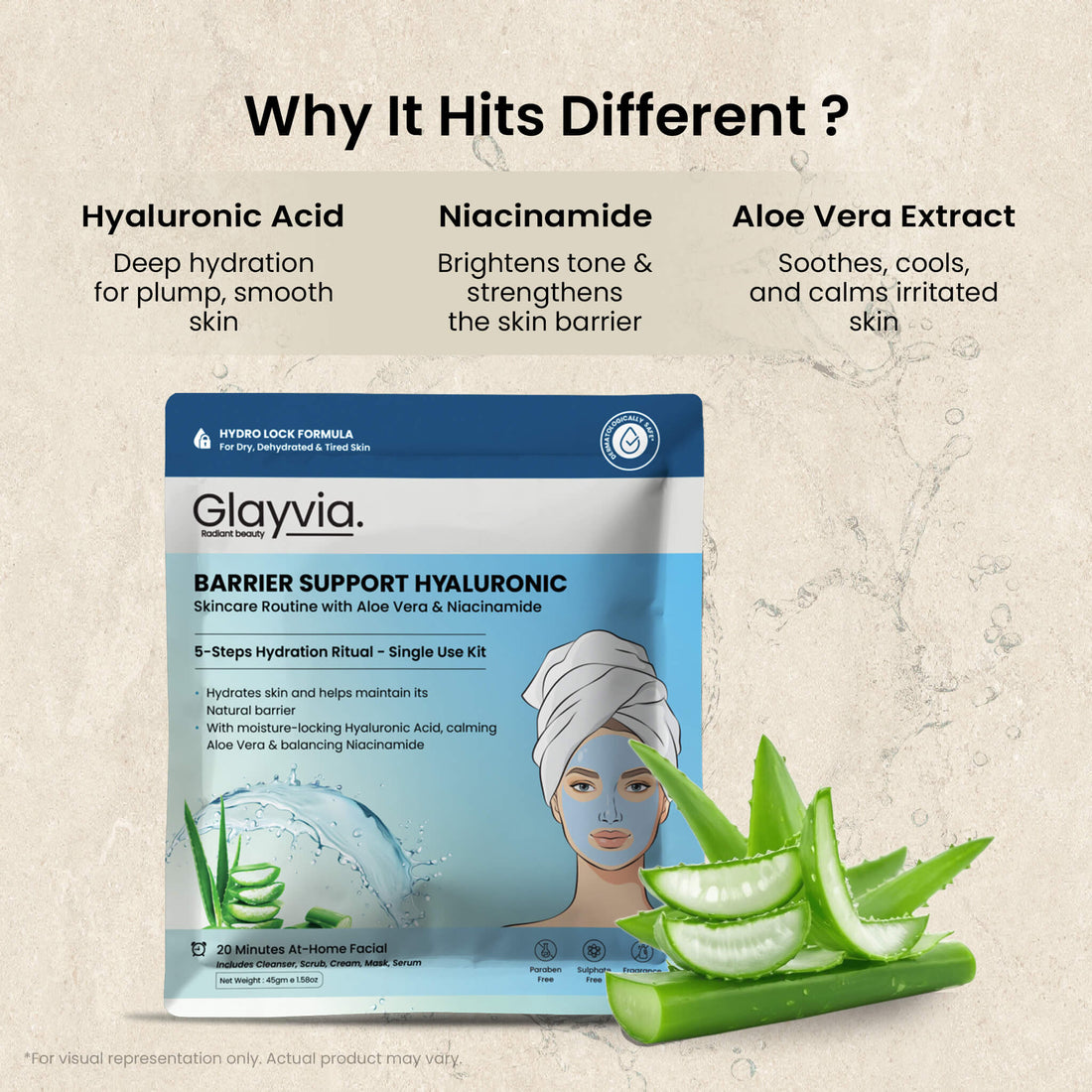 Glayvia Barrier Support Hyaluronic skincare product with aloe vera extract on a textured beige background