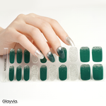 Glayvia emerald green semi cured gel nail wraps with silver glitter accent nails glossy festive manicure design