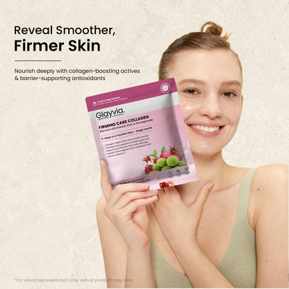 Model holding Glayvia Firming Care Collagen Kit with Kakadu Plum and Pomegranate – skincare for smoother, firmer, glowing skin