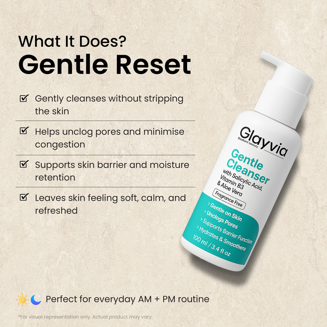 Glayvia Gentle Cleanser product benefits – unclogs pores, supports barrier, hydrates and smoothens skin