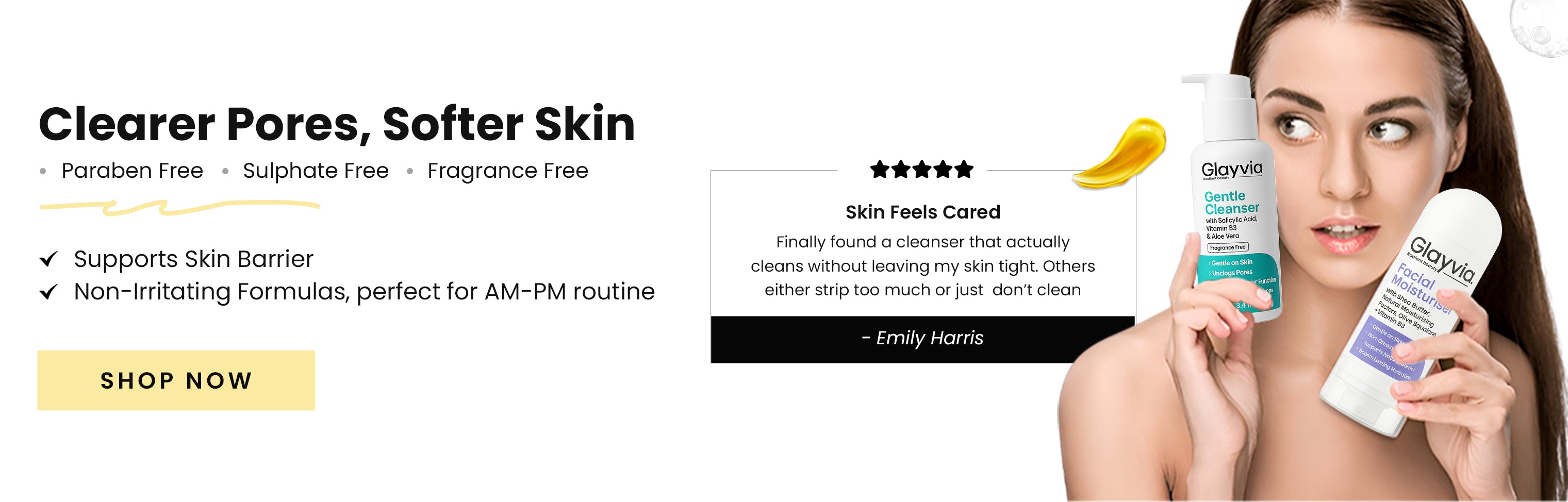 Advertisement for Glayvia skincare products with a woman holding the products and text about clearer pores and softer skin.