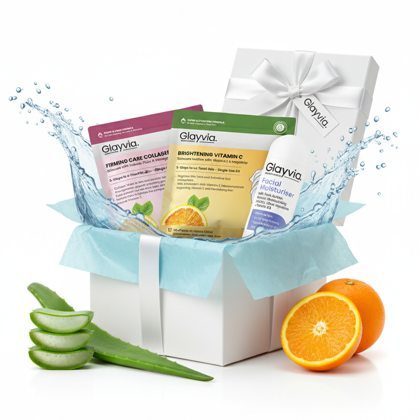 Glayvia product packaging with a white box, orange, and aloe vera on a white background