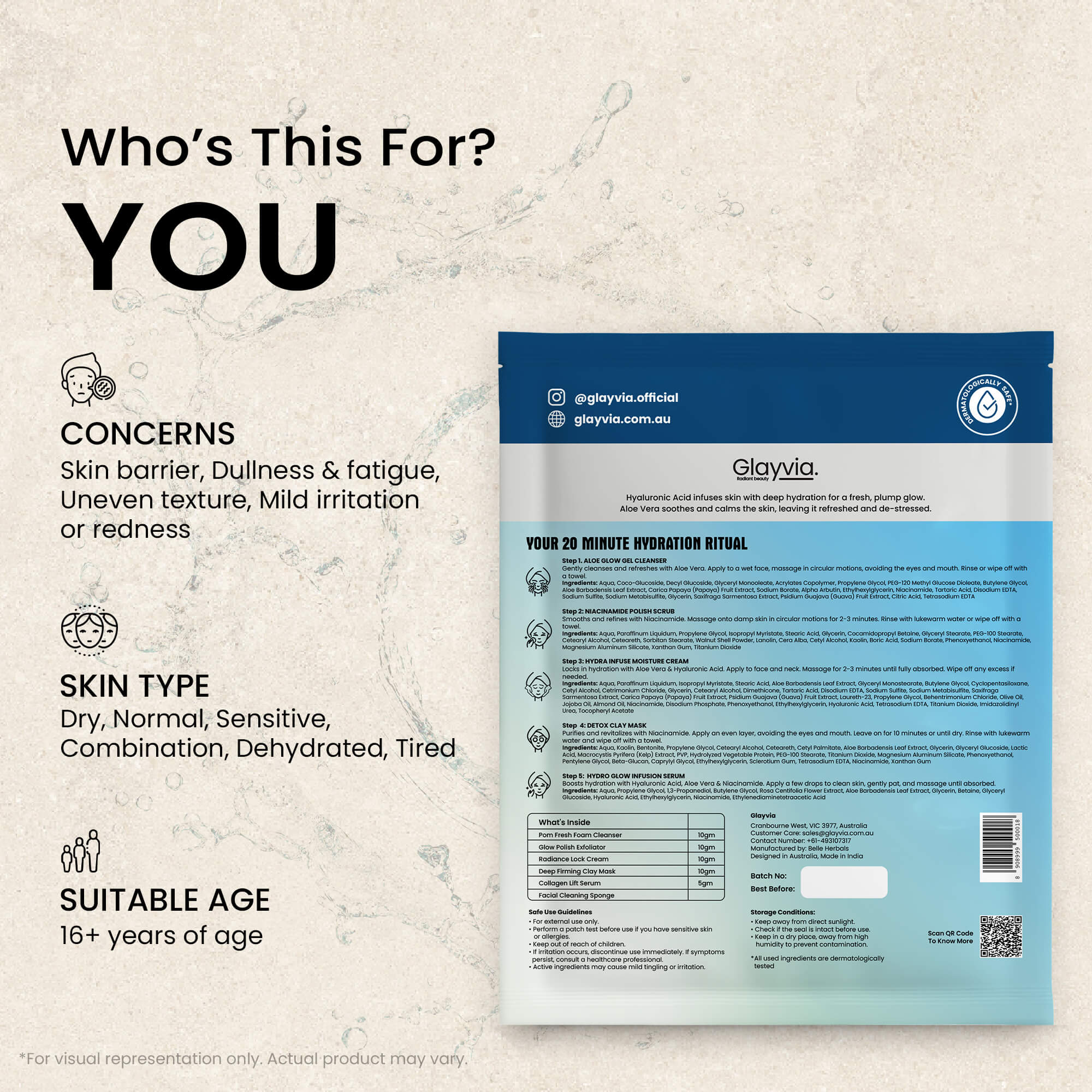 Glayvia hyaluronic skin barrier product packaging with skin Product packaging with skin concern and skin benefits
