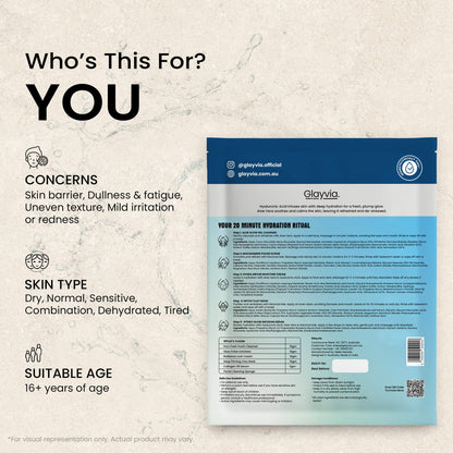 Glayvia hyaluronic skin barrier product packaging with skin Product packaging with skin concern and skin benefits
