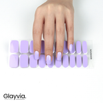 Hand wearing Glayvia lavender semi-cured gel nail wraps displayed with matching nail wrap sheet (NG200009)