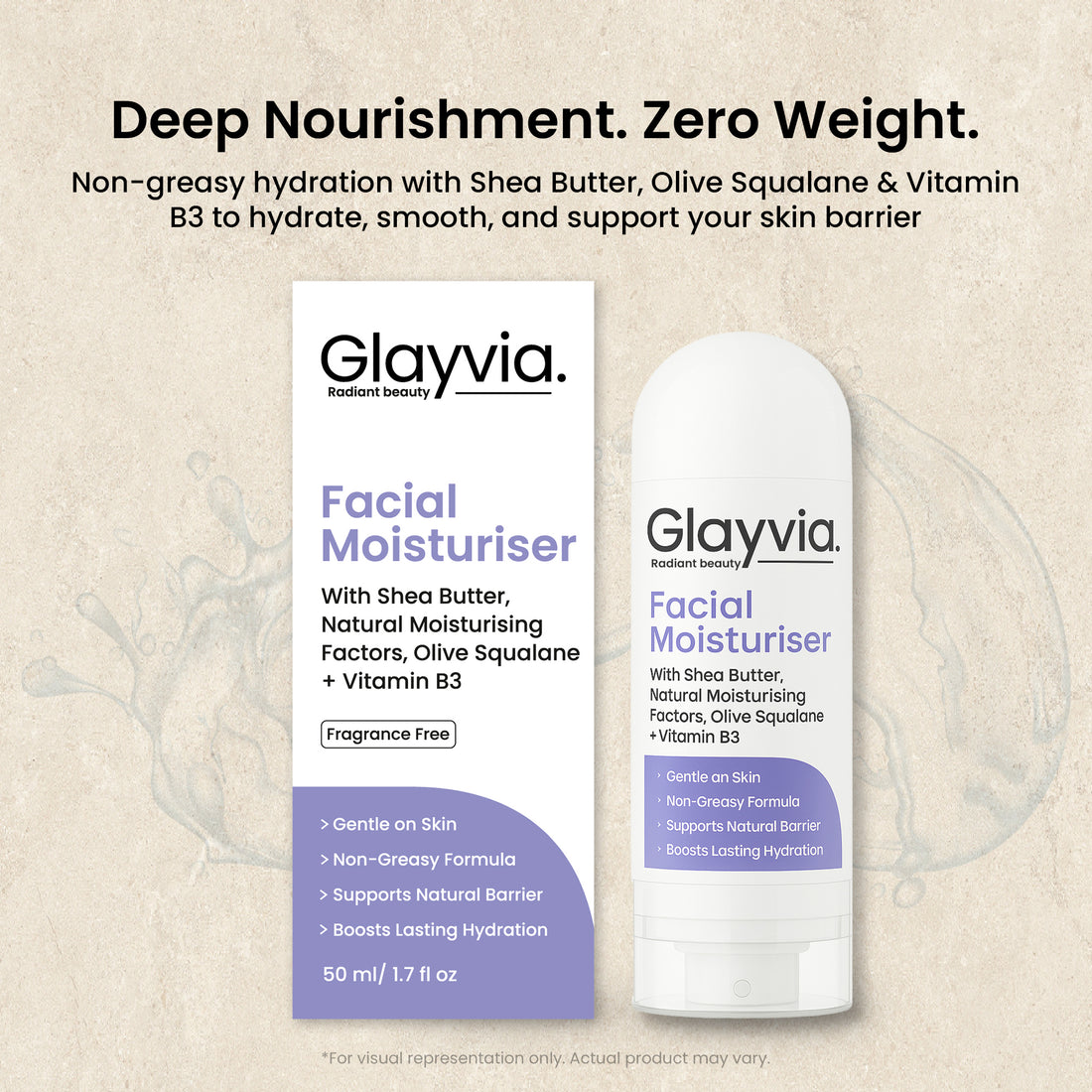 Lightweight, non-greasy facial moisturiser with Niacinamide and Squalane