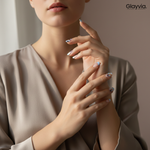 Lifestyle portrait of woman wearing Glayvia NG200019 blue petal French semi cured gel nail wraps with elegant floral nail art manicure