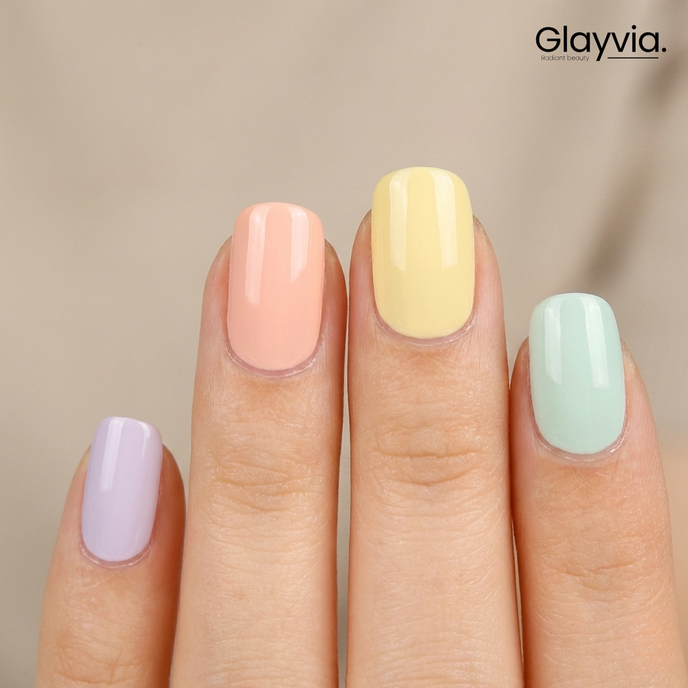 Macro closeup of Glayvia NG200023 pastel mix semi cured gel nail wraps showing soft pastel lavender peach yellow and mint manicure