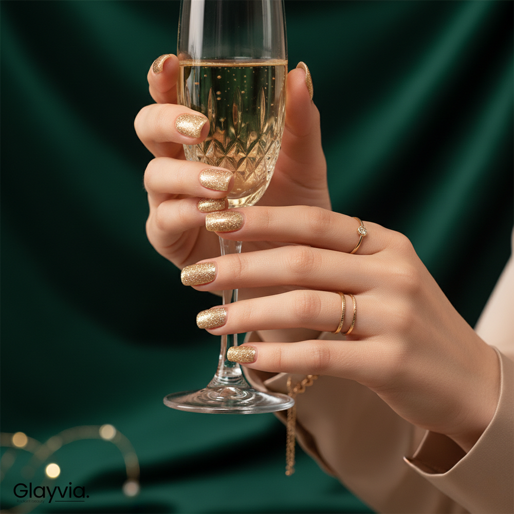 Lifestyle image of Glayvia NG200026 champagne gold glitter semi cured gel nail wraps holding champagne glass with elegant gold manicure