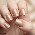 Macro closeup of Glayvia NG200026 champagne gold glitter semi cured gel nail wraps showing fine gold sparkle manicure