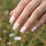Macro closeup of Glayvia NG200032 soft daisy blush semi cured gel nail wraps with delicate white daisy floral nail art