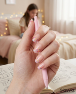 Lifestyle image of Glayvia NG200076 confetti semi cured gel nail wraps with colourful dot nail design holding pen in creative desk setting