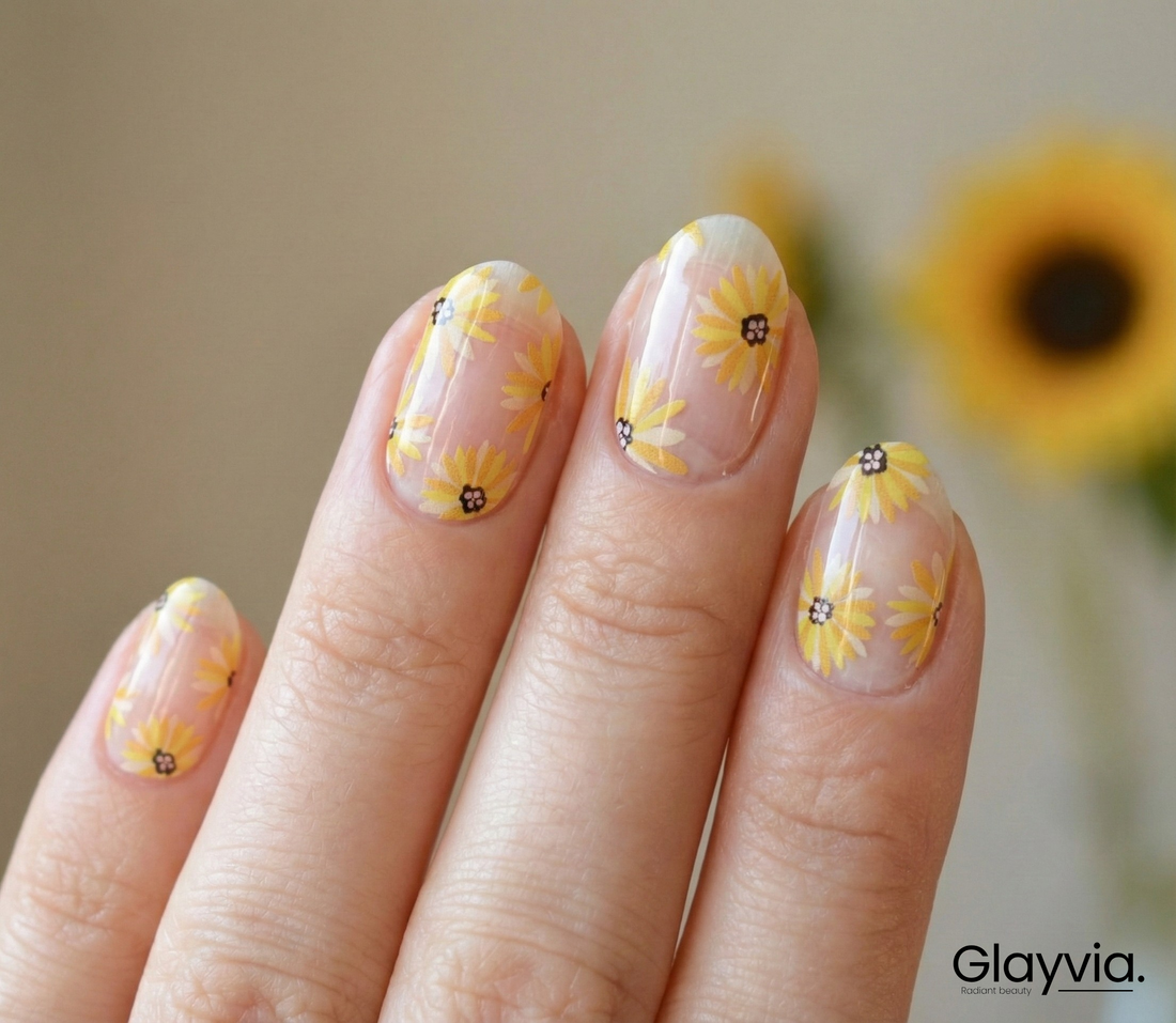 Macro detail of Glayvia NG200145 sunflower semi cured gel nail wraps showing yellow sunflower nail art on natural nails