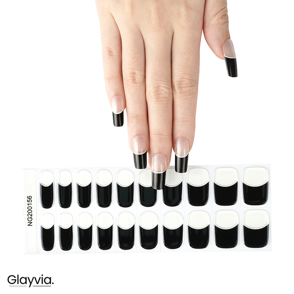 Hand wearing Glayvia NG200156 black french tip semi cured gel nail wraps displayed above matching black tip nail wrap sticker sheet