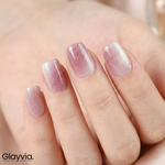 Macro closeup of Glayvia NG200176 rose glitter ombre semi cured gel nail wraps showing pink gradient shimmer manicure with fine glitter