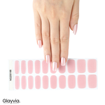 Hand wearing Glayvia NG200186 pearl blush semi cured gel nail wraps displayed above matching soft pink pearl nail wrap sticker sheet