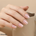 Macro closeup of Glayvia NG200186 pearl blush semi cured gel nail wraps showing soft pink pearl shimmer manicure