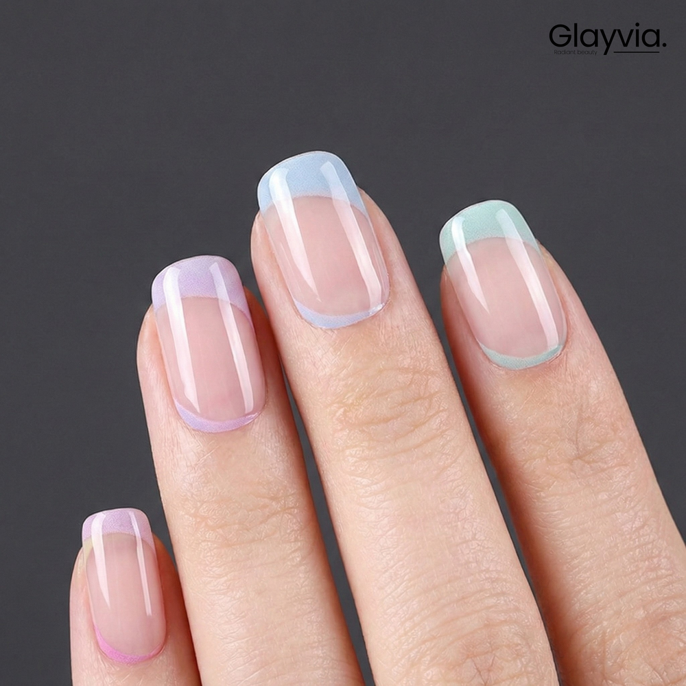Glayvia NG200188 pastel French semi cured gel nail wraps with soft blue mint lavender and pink tip manicure on natural nails