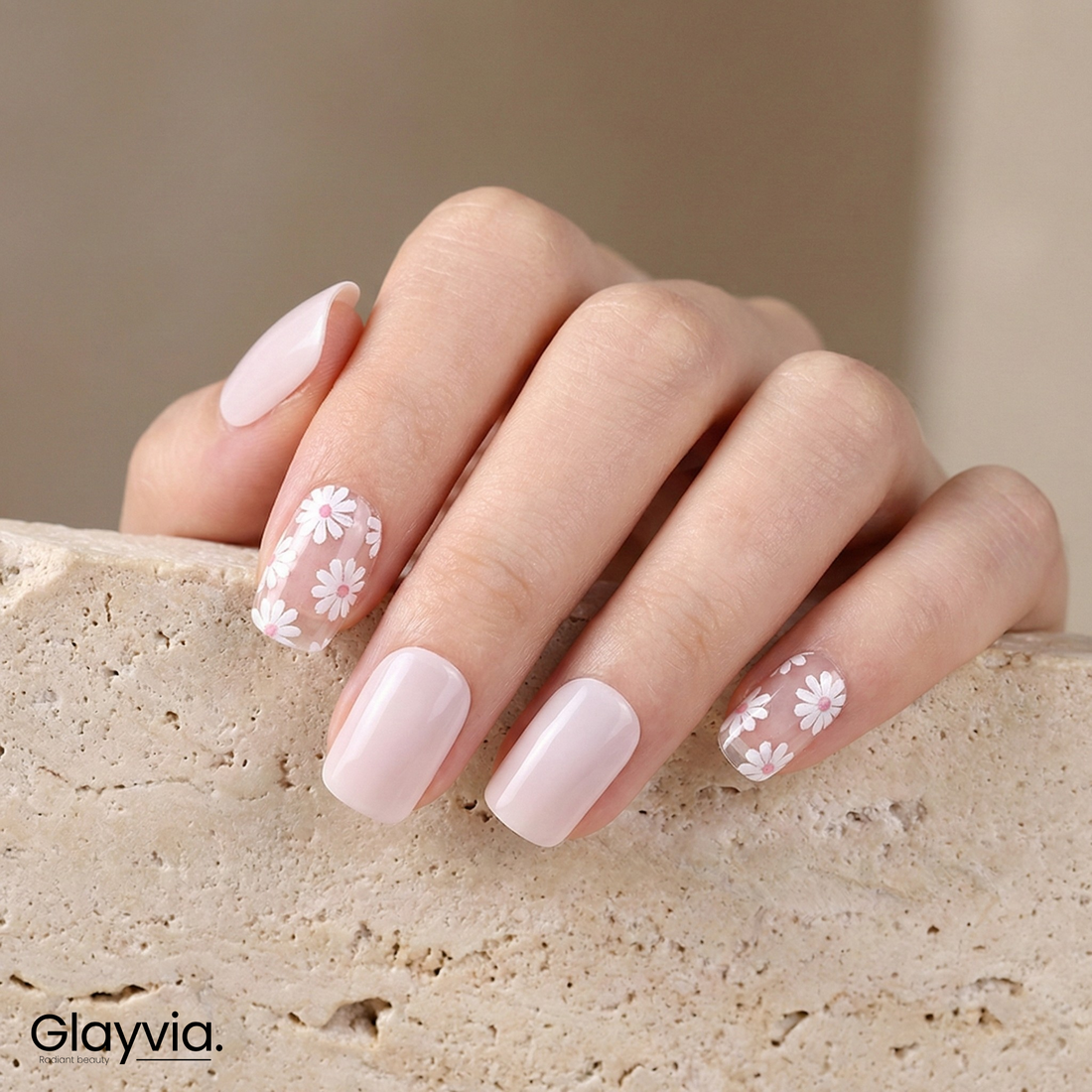 Glayvia NG200210 Dainty Daisies semi cured gel nail wraps with soft pink nails and white daisy flower nail art on natural hand