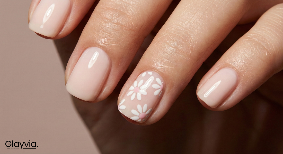 Macro detail of Glayvia NG200210 Dainty Daisies semi cured gel nail wraps showing white daisy flower nail design on soft pink nails