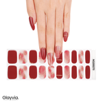 Hand wearing Glayvia NG200270 crimson gold marble semi cured gel nail wraps displayed above matching red marble nail wrap sticker sheet
