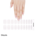 Hand wearing Glayvia NG200289 sheer milky semi cured gel nail wraps displayed above matching natural milky nail wrap sticker sheet