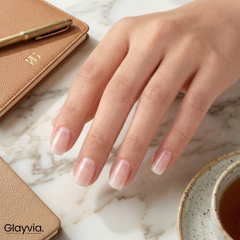 Lifestyle desk shot of Glayvia NG200289 sheer milky semi cured gel nail wraps showing minimal natural manicure
