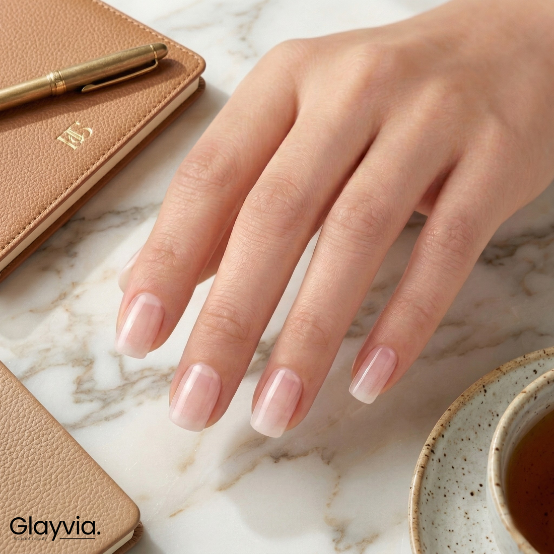 Lifestyle desk shot of Glayvia NG200289 sheer milky semi cured gel nail wraps showing minimal natural manicure