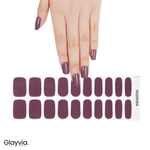 Hand wearing Glayvia NG200309 muted mauve gloss semi cured gel nail wraps displayed above matching mauve tone nail wrap sticker sheet