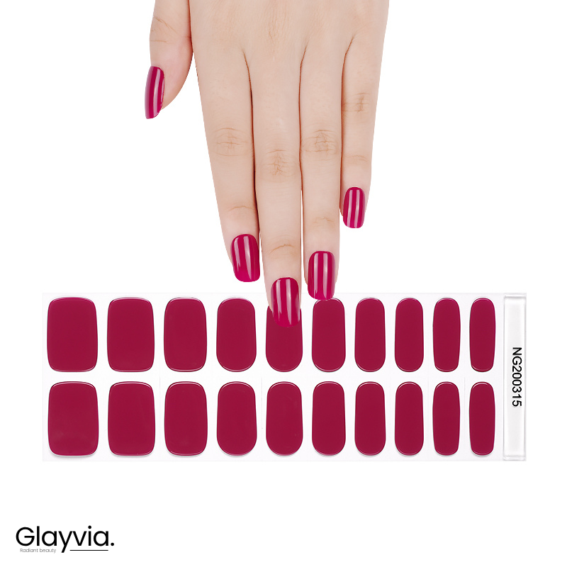 Hand wearing Glayvia NG200315 berry pink gloss semi cured gel nail wraps displayed above matching deep pink nail wrap sticker sheet