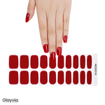 Hand wearing Glayvia NG200316 bright red gloss semi cured gel nail wraps displayed above matching vibrant red nail wrap sticker sheet