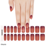 Hand wearing Glayvia NG200408 copper ombre shimmer semi cured gel nail wraps displayed above matching copper gradient nail wrap sticker sheet